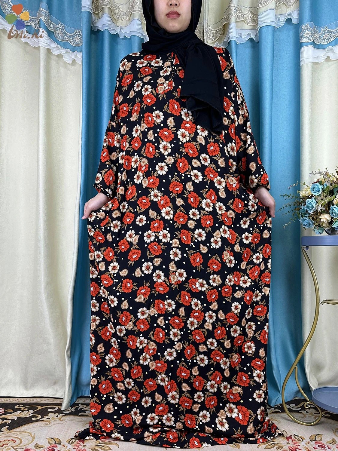 Floral Elegance: New African Abaya Dress with Turban Joint - Loose-Fit Muslim Rayon - Flexi Africa - Flexi Africa offers Free Delivery Worldwide - Vibrant African traditional clothing showcasing bold prints and intricate designs