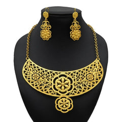 Gold-Plated Jewelry Set: Exquisite 24K Gold-Colored Necklace and Earrings for African Bridal Wear at Nigerian Wedding