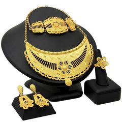 Gold-Plated Jewelry Set: Exquisite 24K Gold-Colored Necklace and Earrings for African Bridal Wear at Nigerian Wedding