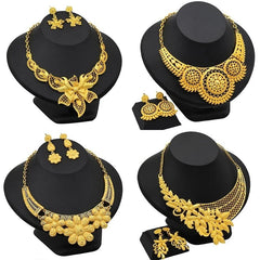 Gold-Plated Jewelry Set: Exquisite 24K Gold-Colored Necklace and Earrings for African Bridal Wear at Nigerian Wedding