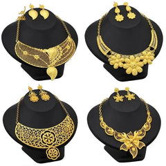 Gold-Plated Jewelry Set: Exquisite 24K Gold-Colored Necklace and Earrings for African Bridal Wear at Nigerian Wedding