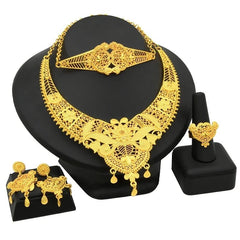 Gold-Plated Jewelry Set: Exquisite 24K Gold-Colored Necklace and Earrings for African Bridal Wear at Nigerian Wedding