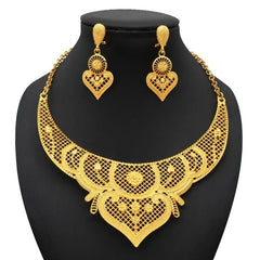 Gold-Plated Jewelry Set: Exquisite 24K Gold-Colored Necklace and Earrings for African Bridal Wear at Nigerian Wedding