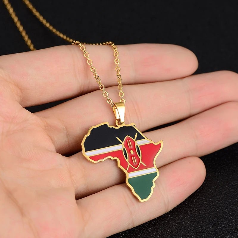 Gold Stainless Steel Africa Map Flag Pendant Necklace African Countries - Flexi Africa - Flexi Africa offers Free Delivery Worldwide - Vibrant African traditional clothing showcasing bold prints and intricate designs