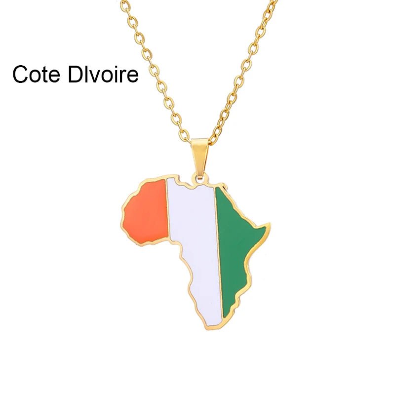 Gold Stainless Steel Africa Map Flag Pendant Necklace African Countries - Flexi Africa - Free Delivery www.flexiafrica.com