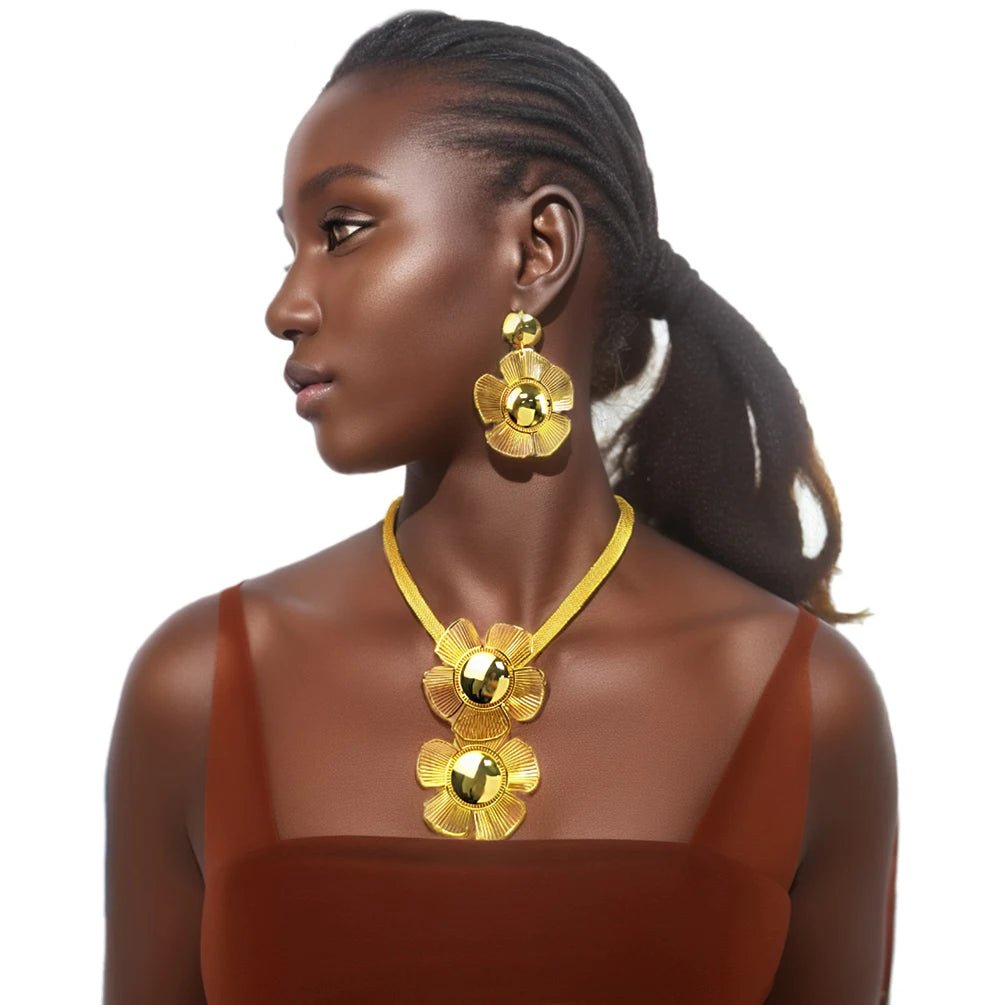 Golden Big Flower Jewelry Set: Pendant Necklace and Drop Earrings - Flexi Africa - Flexi Africa offers Free Delivery Worldwide - Vibrant African traditional clothing showcasing bold prints and intricate designs