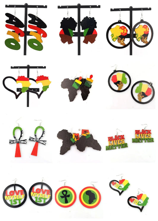 Handcrafted Rasta Wooden Earrings: Vibrant Mix of African Inspired Designs - Flexi Africa - www.flexiafrica.com - free post