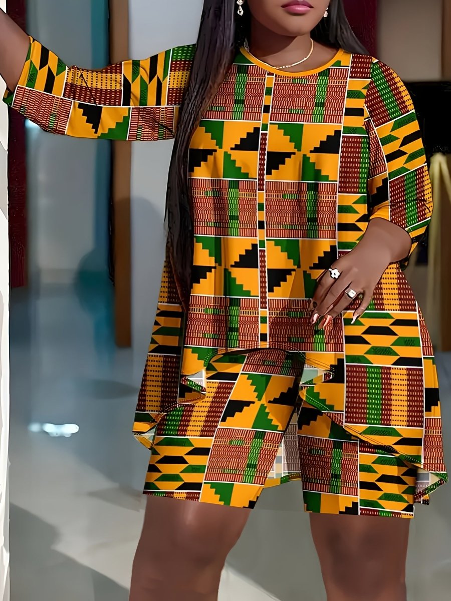 Large Size Fashion African Print Three Quarter Sleeve Shorts Set, Ankara Style, Same Style, African Tribal Style, Machine Washable, Easter. Perfect Gift Choice for Mother's Day - Free Delivery Worldwide only at Flexi Africa