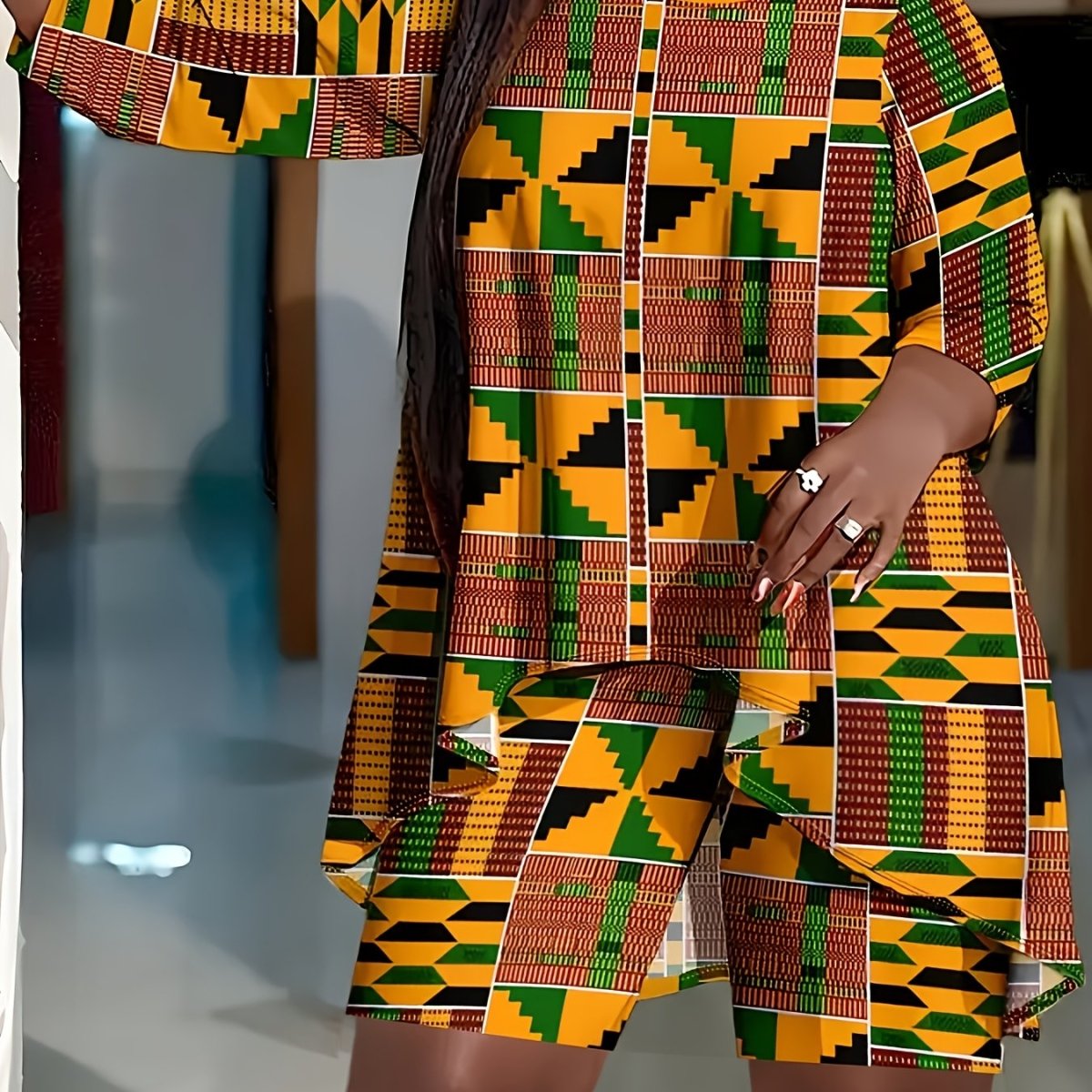 Large Size Fashion African Print Three Quarter Sleeve Shorts Set, Ankara Style, Same Style, African Tribal Style, Machine Washable, Easter. Perfect Gift Choice for Mother's Day - Free Delivery Worldwide only at Flexi Africa
