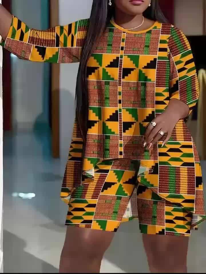 Large Size Fashion African Print Three Quarter Sleeve Shorts Set, Ankara Style, Same Style, African Tribal Style, Machine Washable, Easter. Perfect Gift Choice for Mother's Day - Free Delivery Worldwide only at Flexi Africa