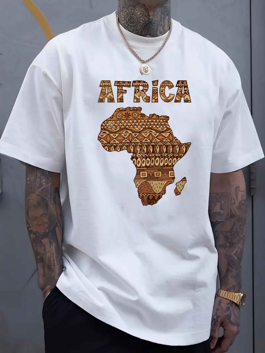 Large Size Men's Casual T-Shirt - Polyester Knit Fabric, Slightly Stretchy Loose Fit Short Sleeve, Africa Graphic Print with Geometric Patterns & Bold Lettering, All - Season Comfort, Hand Wash Only, Comfortable Clothing, Cultu - Free Delivery Worldwide only at Flexi Africa