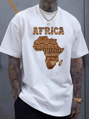 Large Size Men's Casual T-Shirt - Polyester Knit Fabric, Slightly Stretchy Loose Fit Short Sleeve, Africa Graphic Print with Geometric Patterns & Bold Lettering, All - Season Comfort, Hand Wash Only, Comfortable Clothing, Cultu - Free Delivery Worldwide only at Flexi Africa