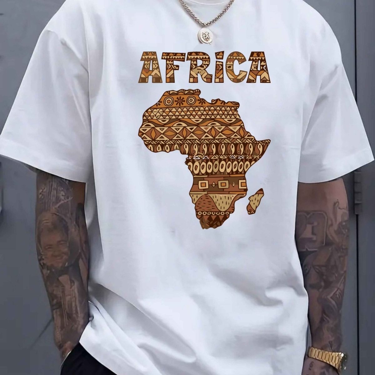 Large Size Men's Casual T-Shirt - Polyester Knit Fabric, Slightly Stretchy Loose Fit Short Sleeve, Africa Graphic Print with Geometric Patterns & Bold Lettering, All - Season Comfort, Hand Wash Only, Comfortable Clothing, Cultu - Free Delivery Worldwide only at Flexi Africa