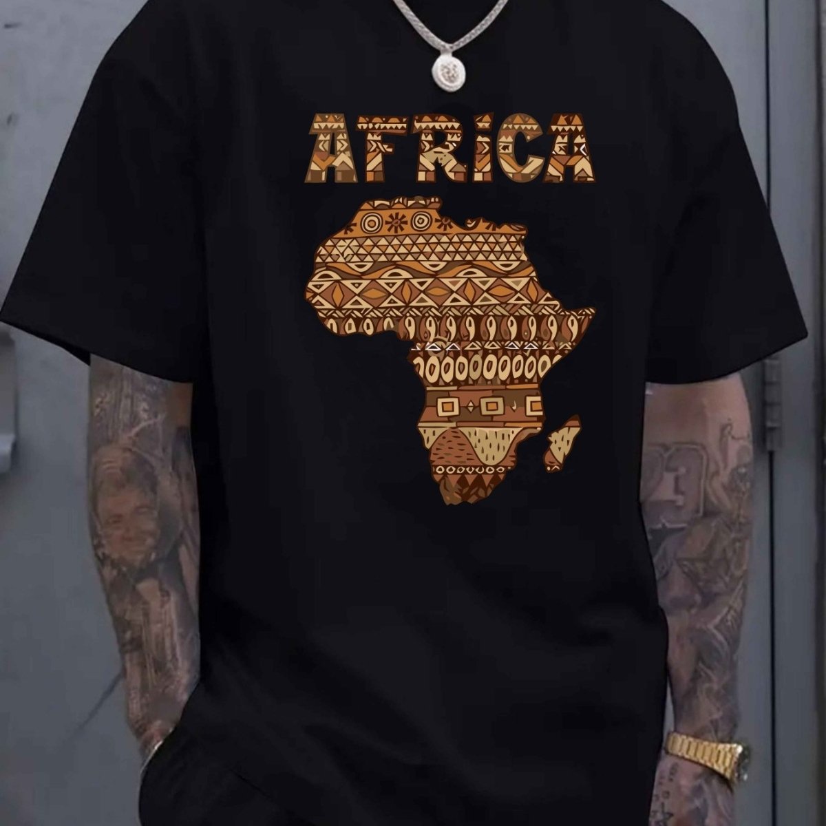 Large Size Men's Casual T-Shirt - Polyester Knit Fabric, Slightly Stretchy Loose Fit Short Sleeve, Africa Graphic Print with Geometric Patterns & Bold Lettering, All - Season Comfort, Hand Wash Only, Comfortable Clothing, Cultu - Free Delivery Worldwide only at Flexi Africa