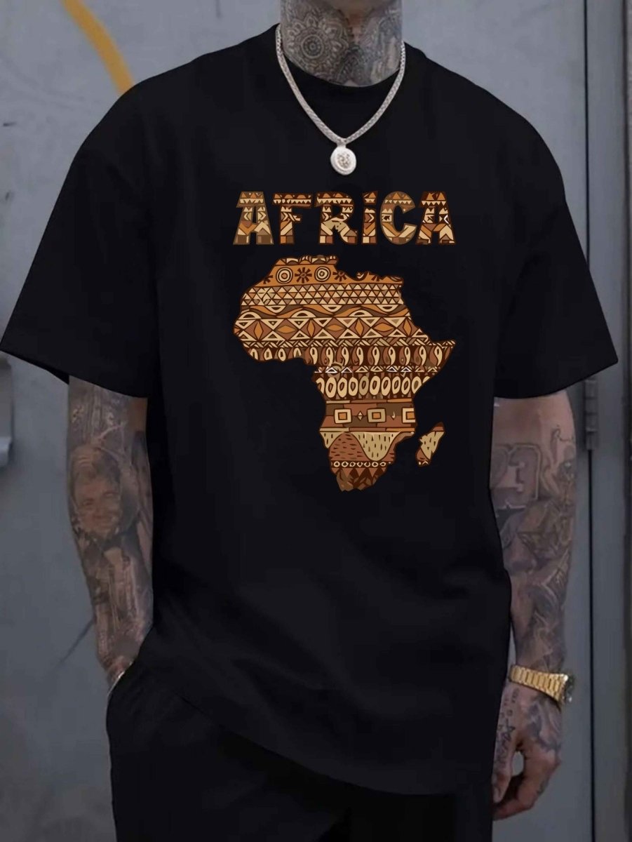 Large Size Men's Casual T-Shirt - Polyester Knit Fabric, Slightly Stretchy Loose Fit Short Sleeve, Africa Graphic Print with Geometric Patterns & Bold Lettering, All - Season Comfort, Hand Wash Only, Comfortable Clothing, Cultu - Free Delivery Worldwide only at Flexi Africa