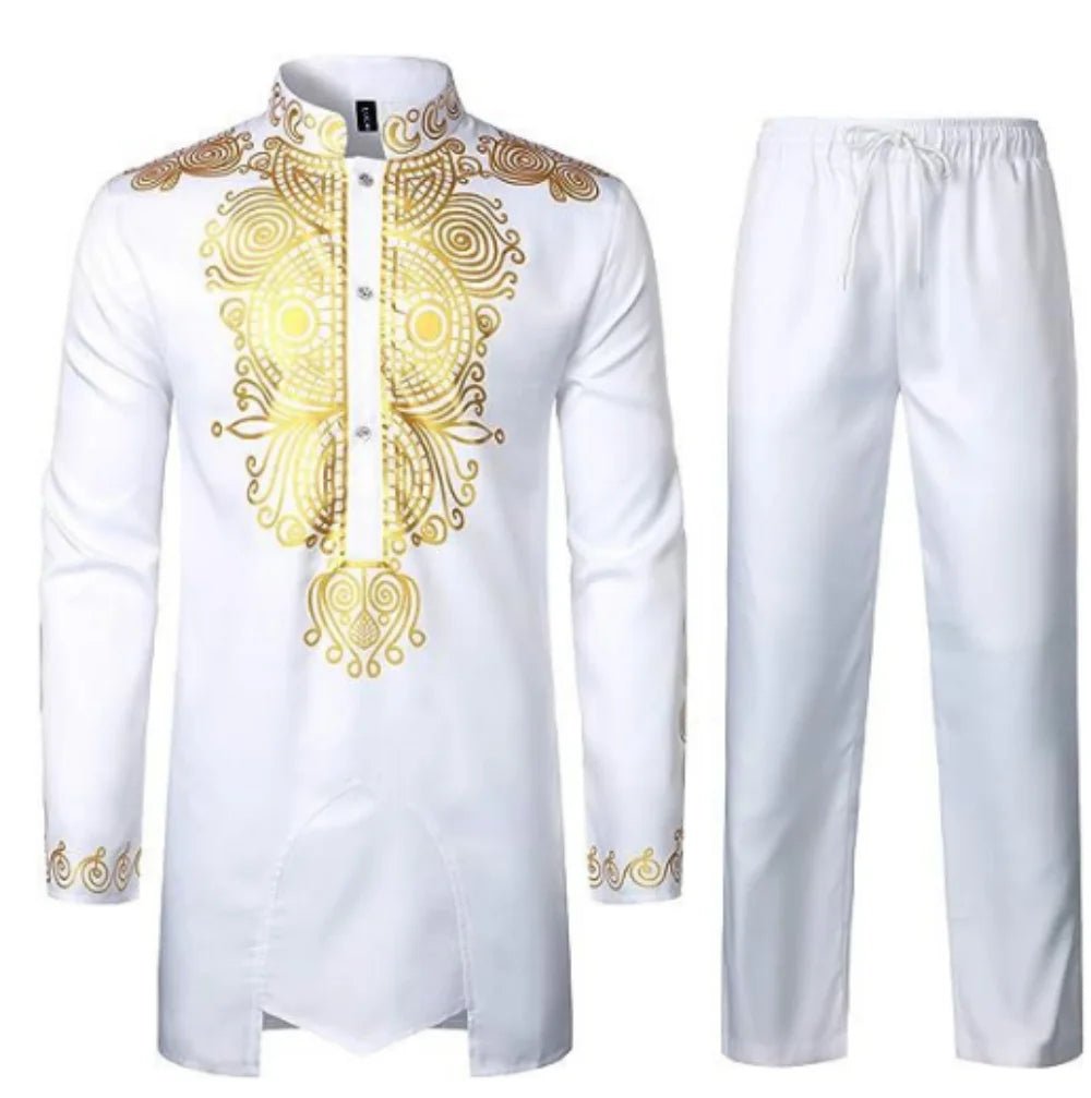 Mens' African Traditional Cotton Suit: 2PC Dashiki Set with Long Sleeve Gold Print Shirt and Pants - Flexi Africa - Flexi Africa offers Free Delivery Worldwide - Vibrant African traditional clothing showcasing bold prints and intricate designs