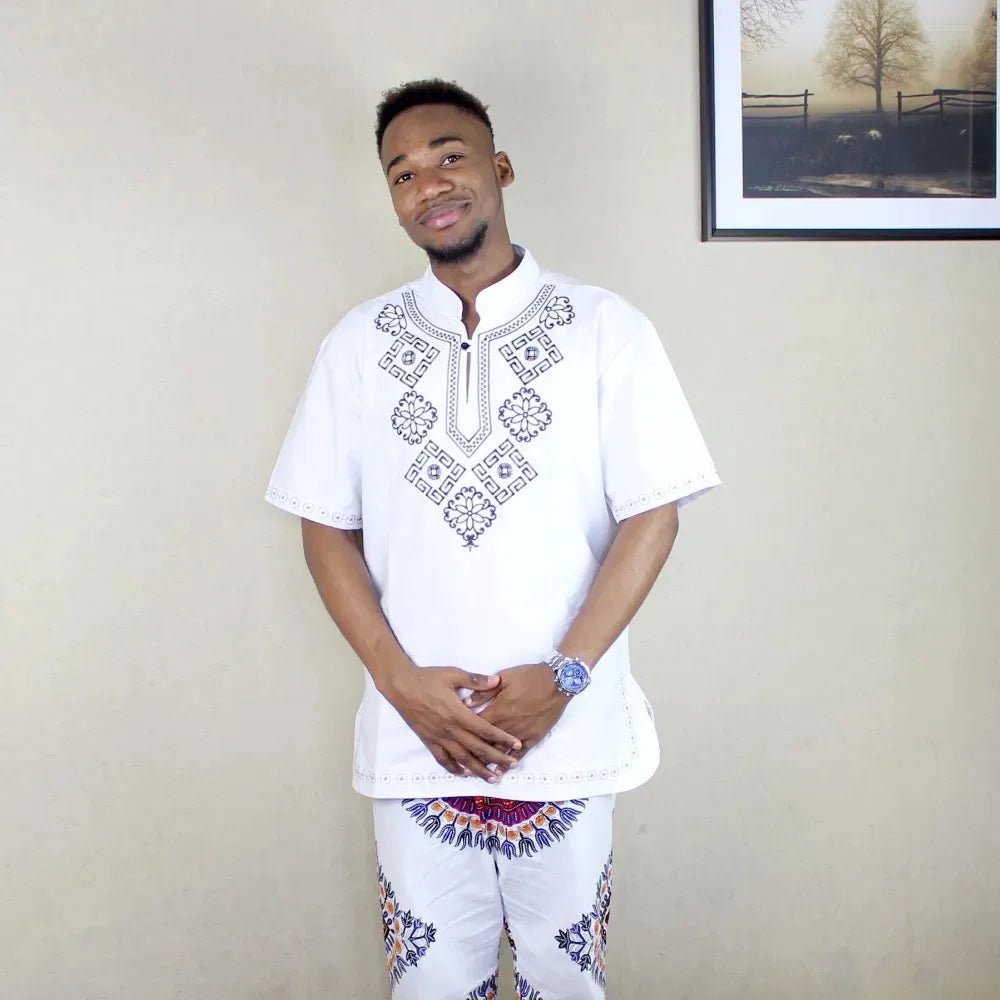 Men's Vintage African Tunic: High Quality Embroidered Dashiki T - shirt with Fringe - Ethnic Festival Hippy Top - Flexi Africa - Free Delivery Worldwide only at www.flexiafrica.com