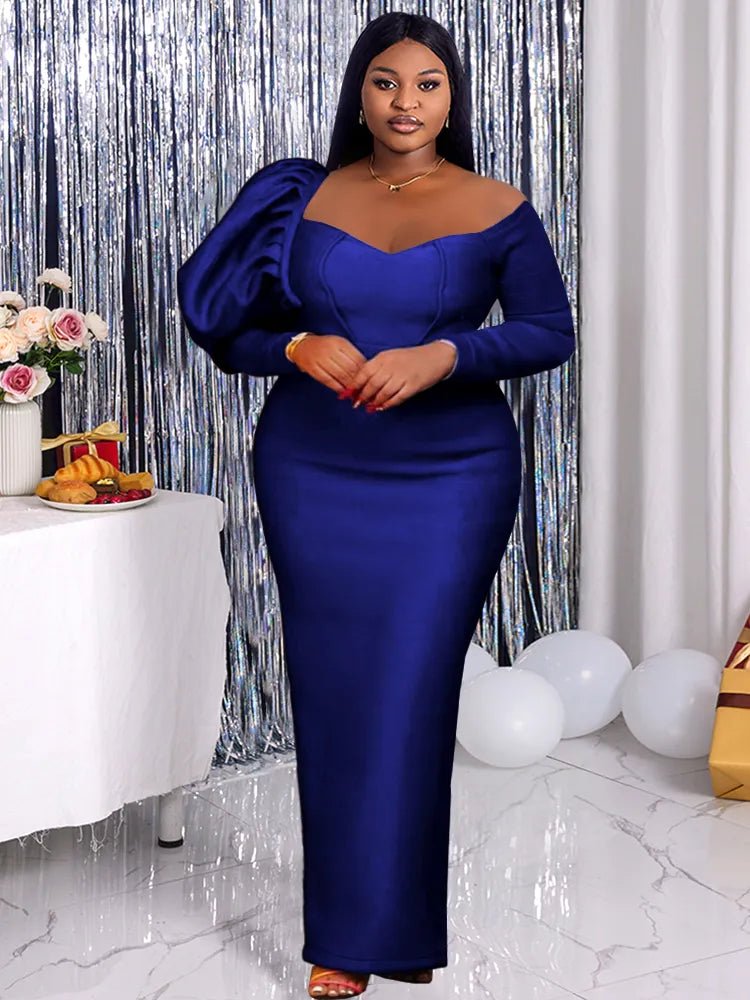 Off-Shoulder Blue Long Sleeve Evening Party Dress with High Waist for Women - Flexi Africa - Flexi Africa offers Free Delivery Worldwide - Vibrant African traditional clothing showcasing bold prints and intricate designs