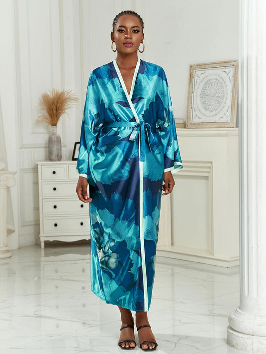 Plus Size Boho Kimono, Women's Plus Lotus Print Contrast Binding Long Sleeve Open Front Belted Kimono Cover Up - Free Delivery Worldwide only at Flexi Africa