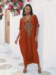 Plus Size Boho Maxi Dress for Ramadan, Women's V Neck Geometric Print Kaftan with Batwing Sleeves - Free Delivery Worldwide only at Flexi Africa