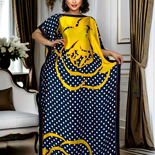 Plus Size Polka Dot Print Kaftan Dress, Modest Crew Neck Short Sleeve Maxi Dress - Free Delivery Worldwide only at Flexi Africa