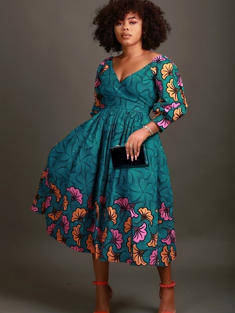 Plus Size Women's Casual Floral Print Dress - V - Neck Fitted A - Line Skirt with Slight Stretch - Free Delivery Worldwide only at Flexi Africa