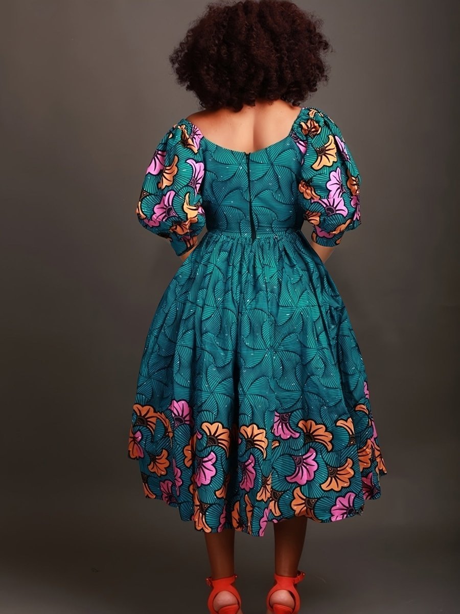 Plus Size Women's Casual Floral Print Dress - V - Neck Fitted A - Line Skirt with Slight Stretch - Free Delivery Worldwide only at Flexi Africa