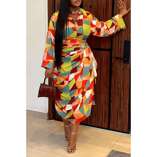 Plus Size Women's Casual Orange Color Block Print Asymmetric Midi Summer Dress - Free Delivery Worldwide only at Flexi Africa