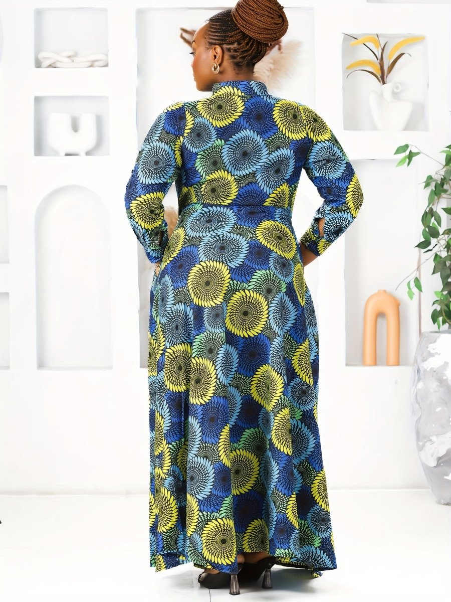 Plus Size Women's Geometric Print Casual Dress - Long Sleeve Collared Design with Button Detail, Spring & Fall - Free Delivery Worldwide only at Flexi Africa