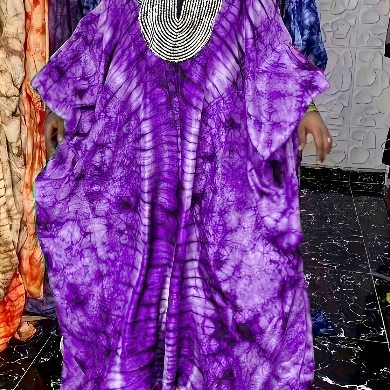 Ramadan All Over Print Sequin Neck Kaftan Dress, Modest Loose Maxi Length Kaftan - Flexi Africa - Free Delivery Worldwide only at www.flexiafrica.com