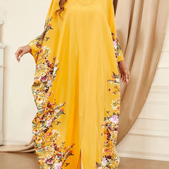 Ramadan Floral Print Crew Neck Kaftan, Elegant Batwing Sleeve Split Maxi Dress - Free Delivery Worldwide only at Flexi Africa