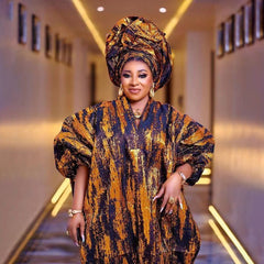 Regal Radiance: African Hot Gold Jacquard Fabric Loose Dress Flexi Africa Free Delivery Worldwide only at www.flexiafrica.com