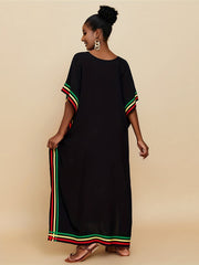 Striped Print V - Neck Batwing Sleeve Cover Up Dress, Side Split Loose Fit Black Elegant Beach Kaftan - Free Delivery Worldwide only at Flexi Africa