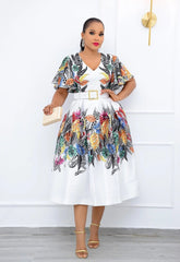 Stylish African Print Short Sleeve Dress for Women - Perfect Summer V-Neck Polyester Dress - Flexi Africa - Free Delivery