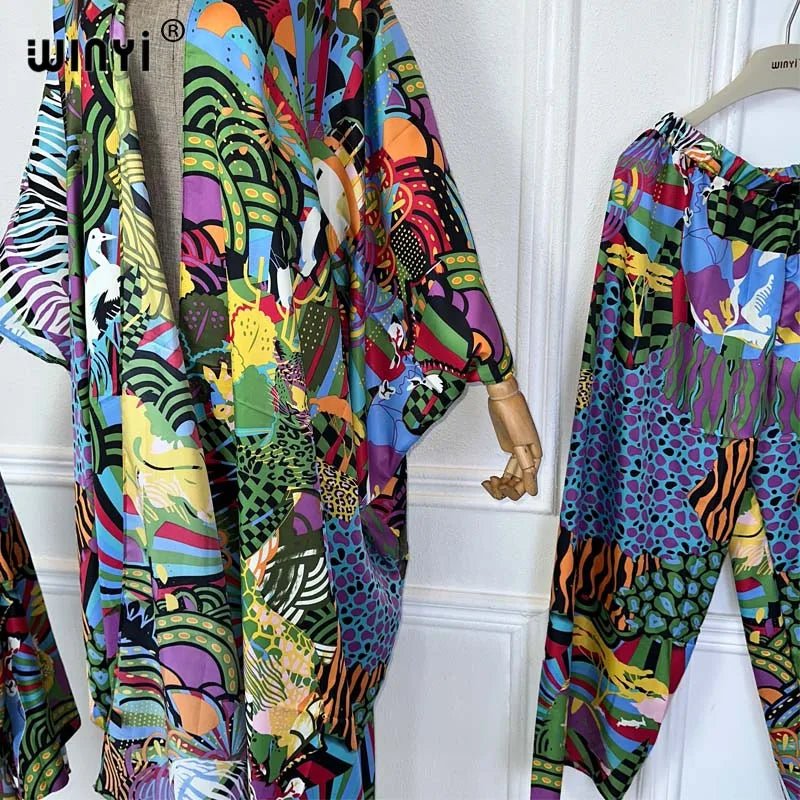 Summer Fashion: Boho Printed Batwing Sleeve Kimonos & Maxi Cardigan Pant Sets for Women - Flexi Africa - Free Delivery Worldwide only at www.flexiafrica.com