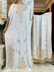 Summer Maxi Dress: Cotton with Gold Stamping, Short Sleeves, and Matching Big Scarf - Flexi Africa - www.flexiafrica.com