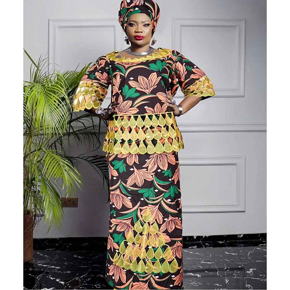 Traditional African Bazin Riche Dashiki Dress with Exquisite Embroidery Pattern for Women - Flexi Africa www.flexiafrica.com