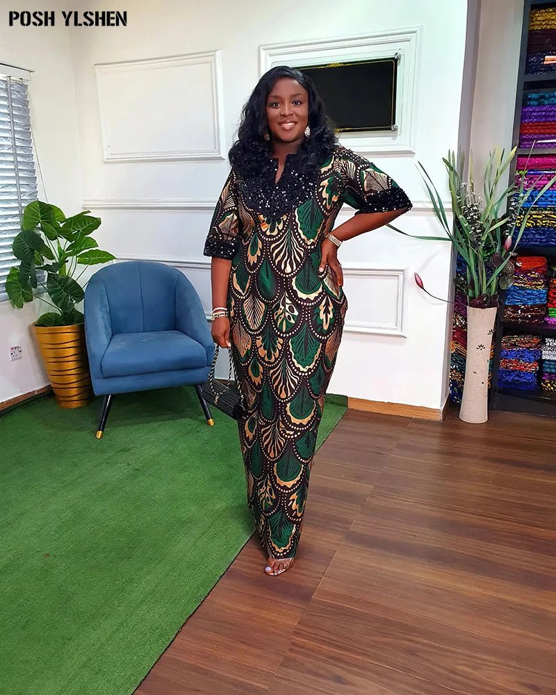 Traditional Nigerian Flower Print Slit Caftan Dress: Elegant African Long Dresses for Women, Robe Femme Clothing - Flexi Africa - Free Delivery Worldwide only at www.flexiafrica.com