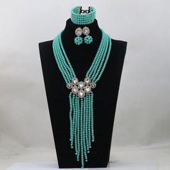 Trendy Blue Crystal Jewelry Set – Long Beaded Necklace for Women, African Bridal Wedding Jewelry - Free Delivery Worldwide only at Flexi Africa