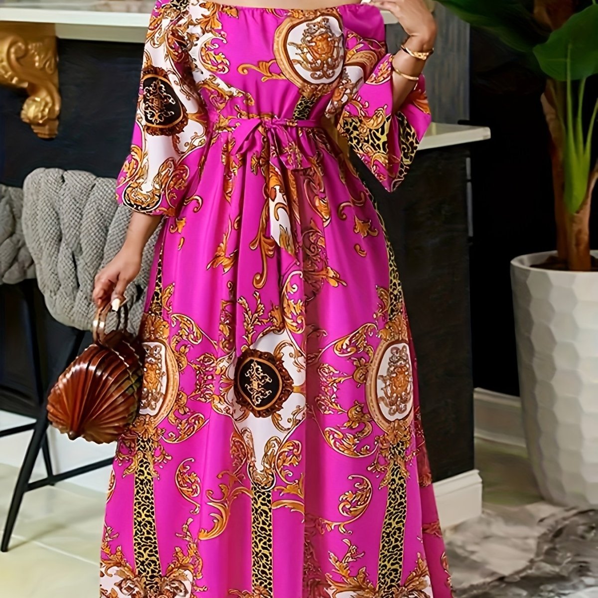 Tribal Print Off - Shoulder Belted Dress – Vintage Ruffle Hem Swing A - Line with Lantern Sleeves, Women's Fashion - Free Delivery Worldwide only at Flexi Africa