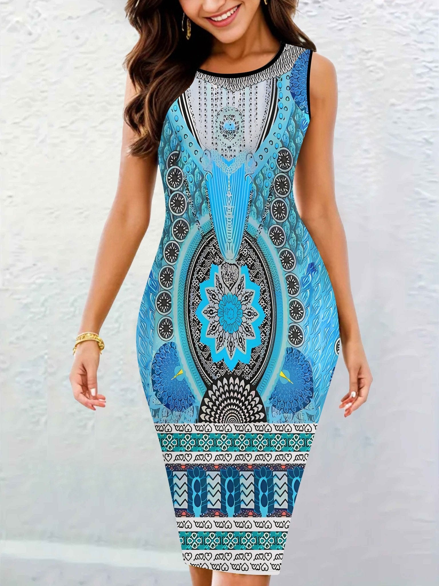 Vibrant Graphic Print Crew Neck Tank Dress - Sleeveless Bodycon Fit for a Flattering Silhouette - Flexi Africa - Free Delivery Worldwide only at www.flexiafrica.com