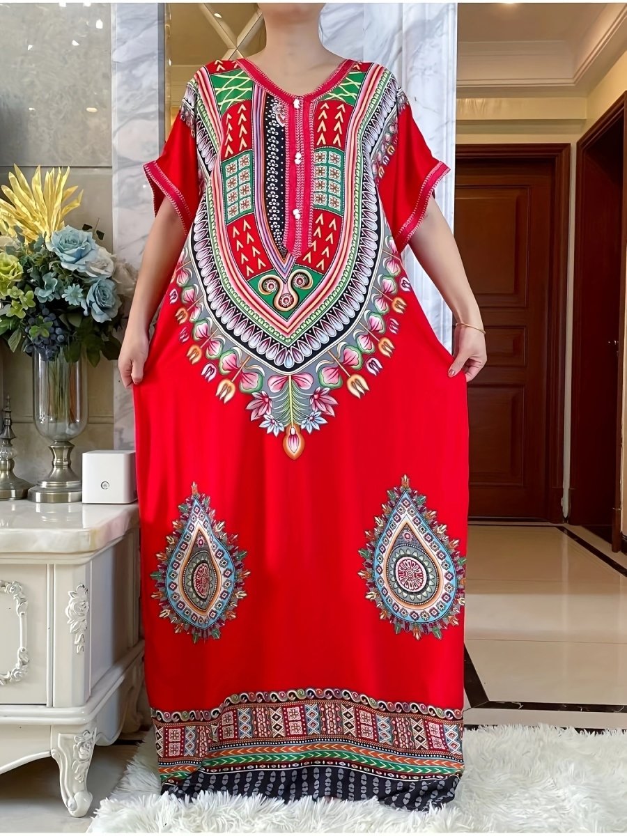 Vibrant Middle Eastern African Kaftan Dress - Colorful Rayon Tribal Long Gown with Short Sleeves, Loose Fit for All Seasons, Handwash/Dry Clean - Elegant Casual Wear - Free Delivery Worldwide only at Flexi Africa