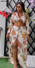 Wide Belt African Long Dresses for Women 2023 Traditional Nigeria Flower Print Caftan Dress Abaya Musulman Robe Femme Clothes - Free Delivery Worldwide only at Flexi Africa