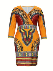 Women's Plus Size Elegant Dress, V - Neck, Stretch Polyester Fabric, Printed Pattern, All - Season, Knit Construction, Fitted Style - Free Delivery Worldwide only at Flexi Africa